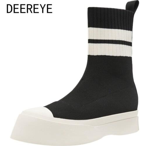 Fashion Fabric Black White Stitching Stretch Sock Ankle Booties Platform Boots Womens Comfortable Shoes Luxury Designer Brand