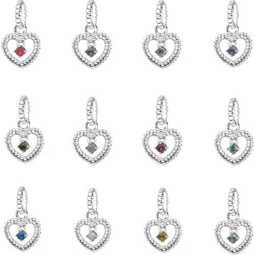 Birthstone Beaded Heart Charm Original 925 Silver Jewelry Fits Snake Chian Bracelets For Woman DIY Beads For Jewelry Making