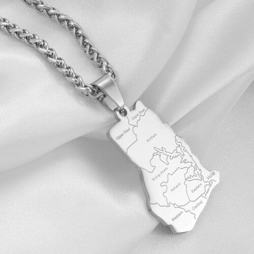 Anniyo Stainless Steel Ghana Map With City Name of Pendant Necklaces for Men Women Ghanaian Jewelry Ethnic Gifts #052621