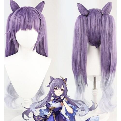 2 Types Game Genshin Impact Keqing Cosplay Wigs Ponytails Mixed Purple Cosplay Wig with Ears Heat Resistant Synthetic Hair