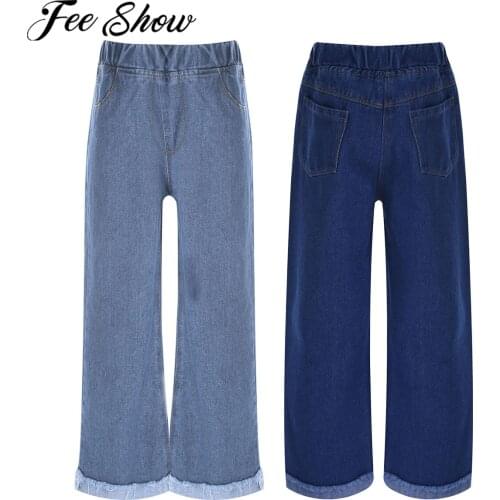 Spring Autumn Fashion Jeans For Teenage Girls Kids Pure Color Elastic Waist Wide Leg Trousers Children Denim Pants Girls Clothes