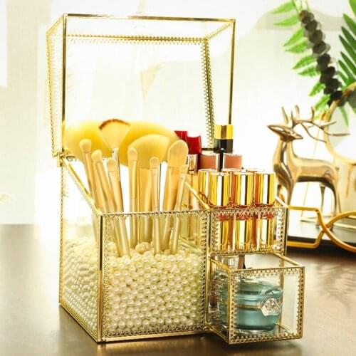 Glass Makeup Brush Lipstick Lip Glaze Makeup Cotton Four-In-One Storage Box Bronze Edging Dust-proof Storage Box With Pearls