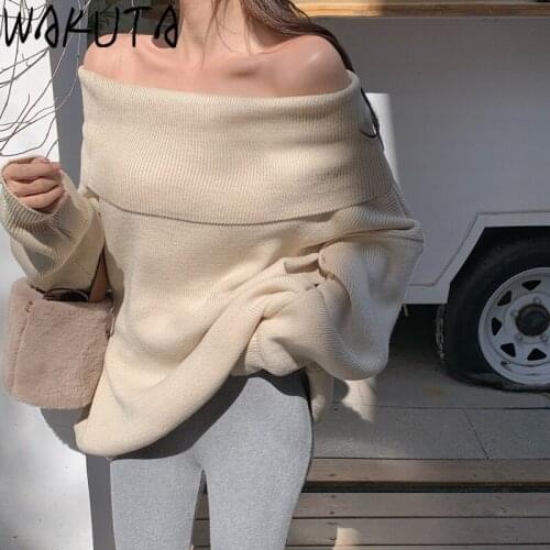 WAKUTA Off Shoulder Sexy Slash Neck Long Sweater 2021 New Fashion Korean Solid Loose Black Khaki Knitted Pullover Streetwear