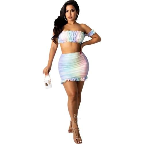 Tie Dye Summer Two Piece Outfits For Women Skirts Sweet Girl Holiday Party Matching Sets Bra Top Vest Sexy Sheath Mini Dress