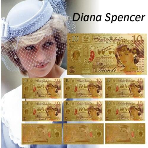 WR Princess of Wales Challenge Fake Bill 10pcs Colored Ten Pounds Banknote Quality Gold Plated Foil Diana Princess Banknote