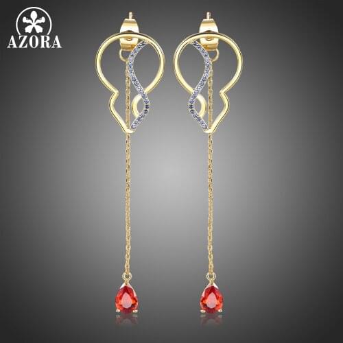 AZORA Luxury Pear Cut Red Cubic Zirconia Big Long Gourd Drop Earrings for Women Wedding Engagement Fashion Jewelry Gift TE0392