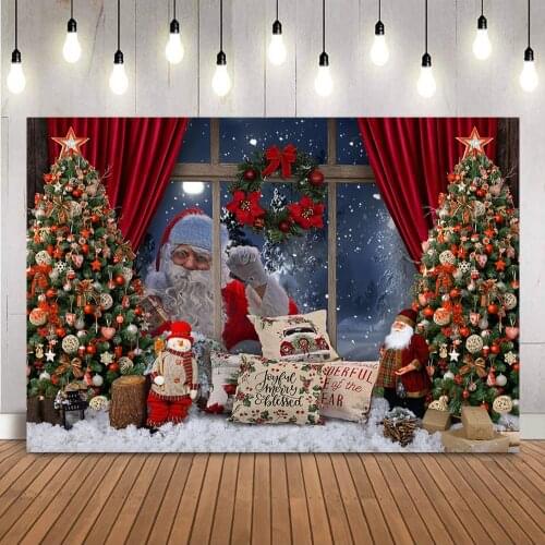 Winter Snow Christmas Backdrop for Photography Windows Santa Claus Snow Night Photo Background X-mas Party Decoration Banner