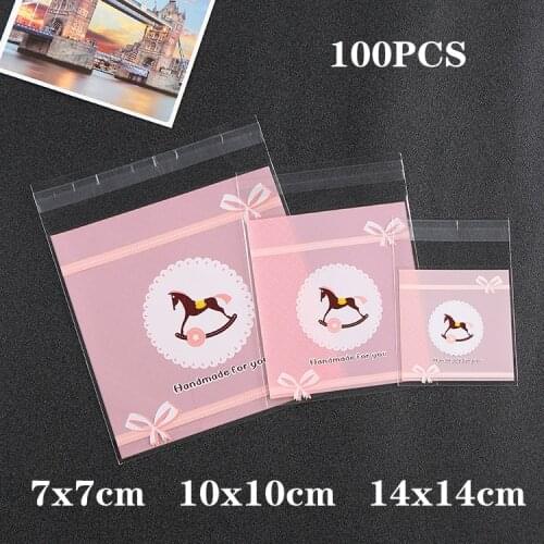 100 pcs plastic bag transparent self-adhesive bag cartoon cat rose flower biscuit jewelry gift bag wedding party cellophane bag