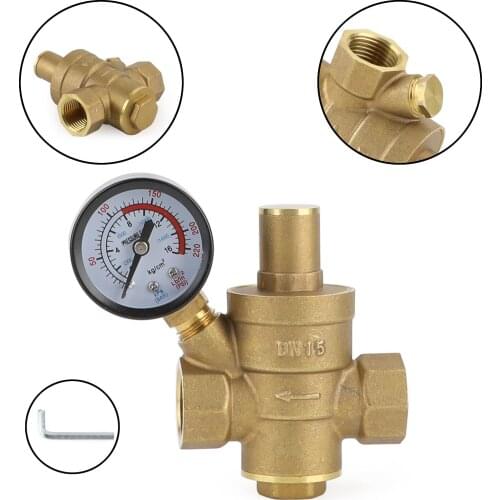 Artudatech DN15 Brass Adjustable 1/2" Water Pressure Regulator Reducer With Gauge Meter