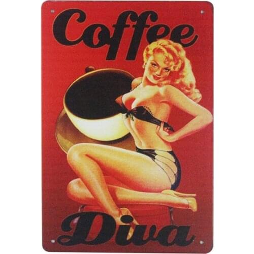 Coffee Pin Up Girl Man Cave Sign Retro Vintage Decor Metal Tin Sign