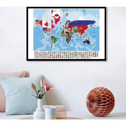 90*60cm The Creative World Map with National Flags Retro Canvas Painting Wall Poster School Supplies Classroom Home Decor