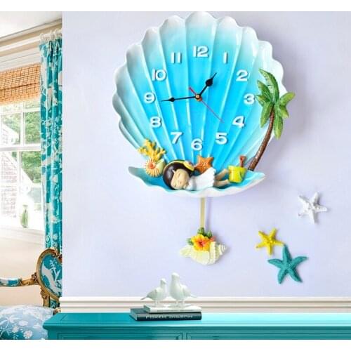 Creative Mediterranean Shell Resin Wall Clocks Home Bedroom Wall Hanging Decorative Ornaments Mute Wall Clock Mural Accessories