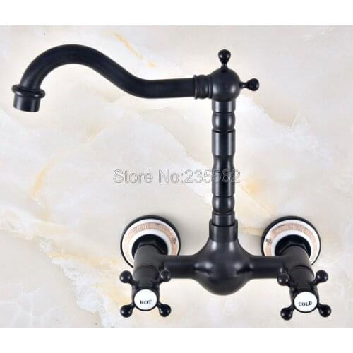 Oil Rubbed Brass 360 Swivel Spout Kitchen Faucet Wall Mount Sink and Basin Mixer Tap Dual Handle Cold Hot Water Faucets Lnf468