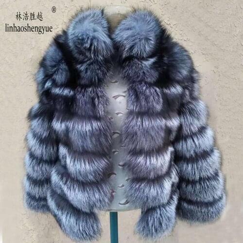Linhaoshengyue fashion womens silver fox fur coat female regular section horizontal stripe fox fur coat female stand collar