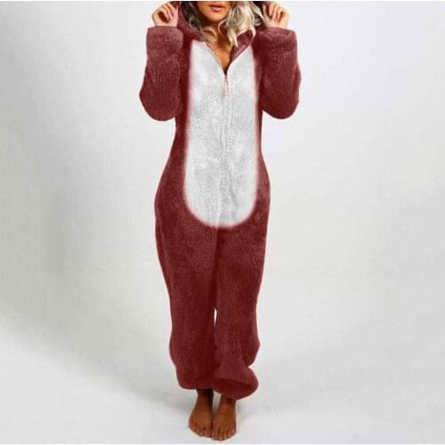 Fashion Women Fleece Long Sleeve Patchwork Plush Zipper Hooded Jumpsuit Pajamas Onesies Casual Winter Warm Romper Sleepwear#g3