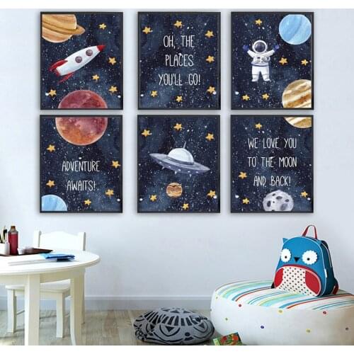 Cartoon Space Rocket Planet Astronaut Wall Art Canvas Painting Nordic Posters And Prints Nursery Wall Pictures Kids Room Decor