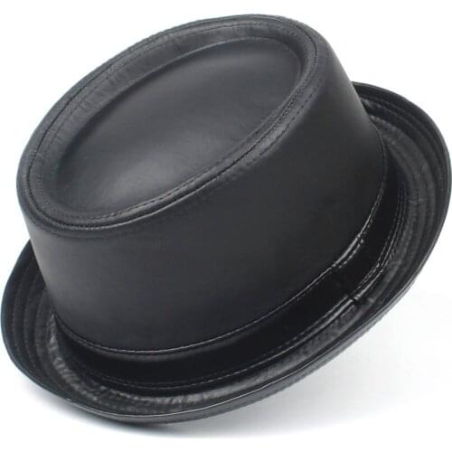 Men Balck Pork Pie Hat For Dad Leather Fedora Hat Fashion Gentleman Flat Bowler Porkpie Top Hat Size S M L XL