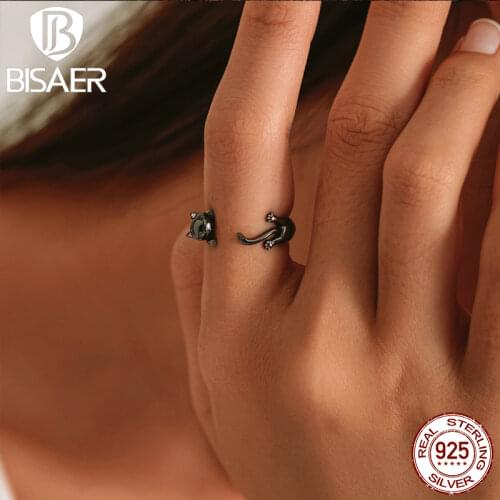 BISAER 925 Sterling Silver Lovely Cat Cartoon Open Ring Fashion Black Rings For Men and Women Party Jewelry Birthday Gift EFR217