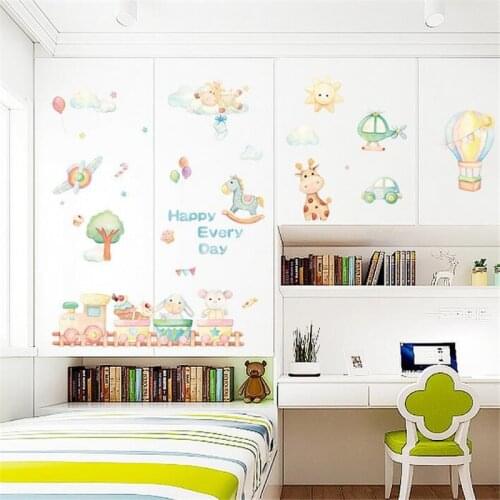 Nordic Minimalist Style Cartoon Animal Trojan Horse Airplane Wall Stickers For Childrens Room Sticker Can Be Removed Home Decal