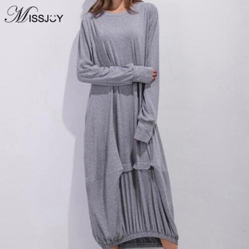 MISSJOY 2019 Autumn Plus Size Women Dress O-Neck Cotton Long Sleeves Solid Color Patchwork Loose S-5XL Pleat Elegant Casual Robe