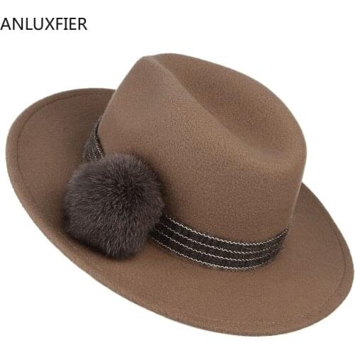 H7196 Ladies Elegant Fedoras Hat Women European American Striped Hairball Decorated Fedora Cap Female Flat Eave Jazz Causal Hats