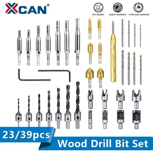 XCAN Wood Drill 23/39pcs Countersink Drill Bit Wood Plug Cutter with Automatic Center Punch Woodworking Chamfer Drilling Tool