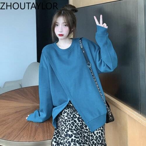 ZHOUTAYLOR Sweatshirt Women Fashion Office Lady O-Neck Tops Femme Solid Full Sleeve Loose Autumn New Pullovers Female S0684