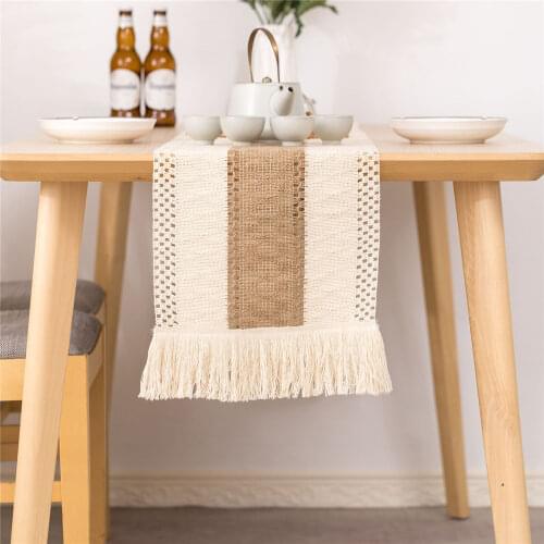 Woven Burlap Cotton Linen Stitching Table Runner with Tassel Wedding Banquet Dining Room Table Decortive Cloth Table Decoration