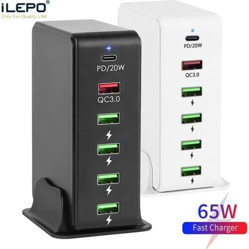 ILEPO 6 Port USB PD 65W Fast Charger For Xiaomi Samsung S9 QC 3.0 Charging Station Phone Desktop Wall Charger EU US UK AU Plug