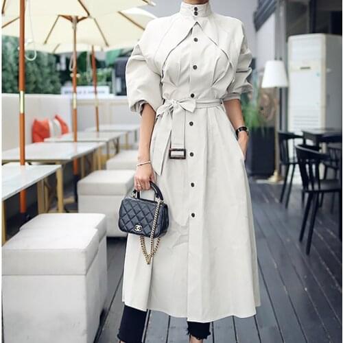 2021 New Spring Trench Coat For Women Loose Bat Sleeved Wild Slim Waist Office Lady Long Length Elegant Stand Collar Windbreaker