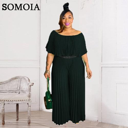 Plus Size Women Jumpsuits Casual Pleated Romper Trousers Temperament Slash Neck Loose Wide Leg Pants Jump Suits Wholesale Items