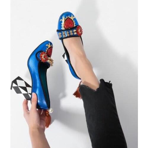 Runway Crystal Flower Toe Lingge Chunky Heels Pumps Women Rivets Studs Square toe Back Pearl Fringed Glitter Sheepskin Shoes