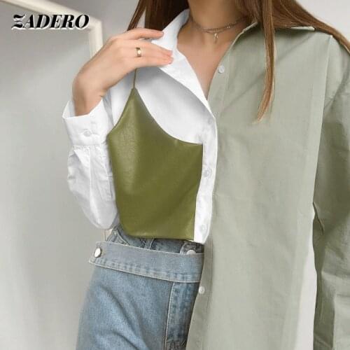 Women shirts Casual Fashion Contrast Color Stitching PU Leather Shirt Female Fake Two Long sleeved Loose Elegant Office Lady2021