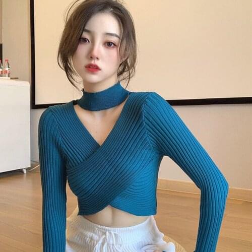 Female Sexy Slim-fit Halterneck Sweater Short Long-sleeved Sweater Bottoming Shirt Top Crop 2021 Autumn Winter Women Clothing