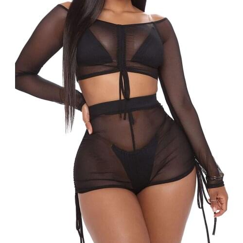 Women Sexy See-through Clothes Set Black Long Sleeve Crop Tops and High Waist Shorts for Beach/ Seaside