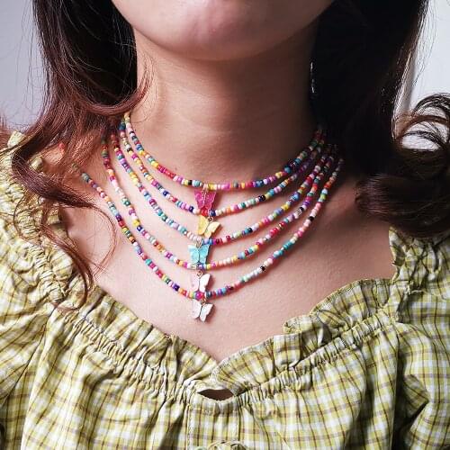 Lost Lady Bohemian Handmade Beaded Chain Choker Necklace for Women Stylish Cute Flower Heart Pendant Necklace Wholesale Jewelry