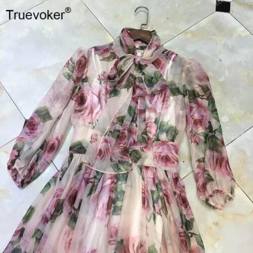 Autumn Runway Fashion Holiday Dresses Womens Puff Sleeves Bow Collar Pink Rose Print Noble Midi Vestidos