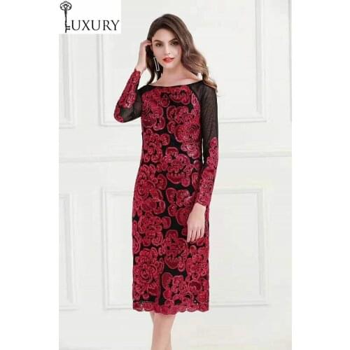 2020 Spring Party Sequined Events Women Sexy Tulle Mesh Embroidery Patchwork Long Sleeve Bodycon Dress Dark Blue Red Pink