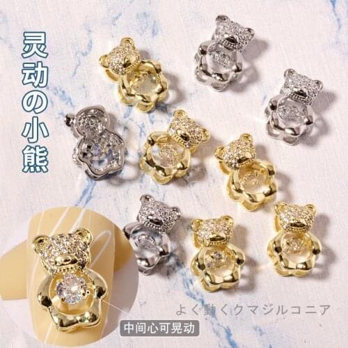 1PCS Luxury Zircon Active Heart Crystal Glitter Bear For Nail Art Decoration Kawaii Press On Tips Manicure Accessories TB0383