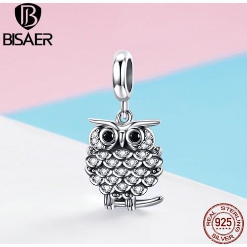 BISAER Hot Sale Real 925 Sterling Silver Owl Animal Beads Crystal Charm fit Bracelet Beads for Silver 925 Jewelry Making ECC949