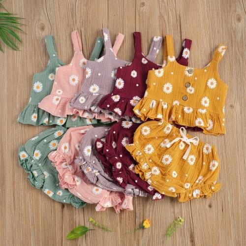 Newborn Baby Girl Toddler Clothes Daisy Flower Printed 2Pcs Infant Ruffle Hem Tank Top+e Short Pant Sets Outfit