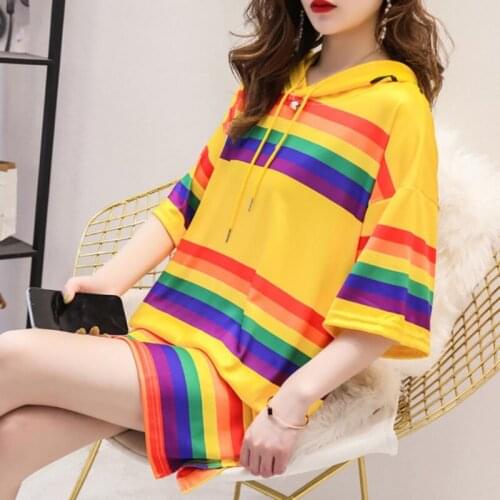 Harajuku Stripe Plus Size Block Rainbow Hooded Pocket Tee Top Streetwear Women/Men Long T-Shirt Pullover T-Shirt