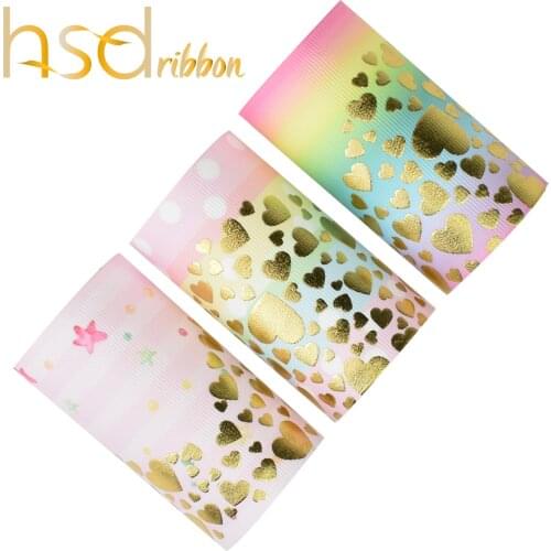 HSDRibbon 75MM 3 inch custom loving Heart gold Foil Printed Grosgrain Ribbon