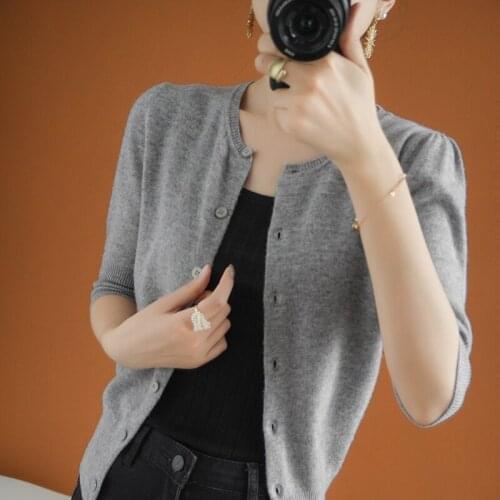 Cashmere sweater womens 100% pure wool knit short-sleeved T-shirt cardigan jacket early spring womens short slim sweater coat