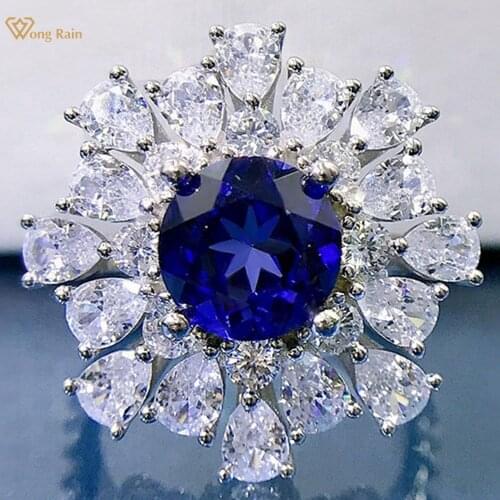 Wong Rain Elegant Luxury 925 Sterling Silver 8 MM Sapphire Created Moissanite Gemstone Wedding Party Ring For Women Fine Jewelry