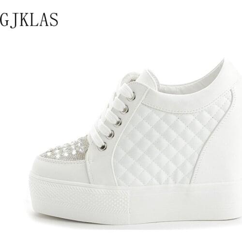 Wedge Sneakers Platform Vulcanize Shoes Woman High Heel 11cm Fashion Casual White Sneakers Crystal Platforms Sport Femme Trainer