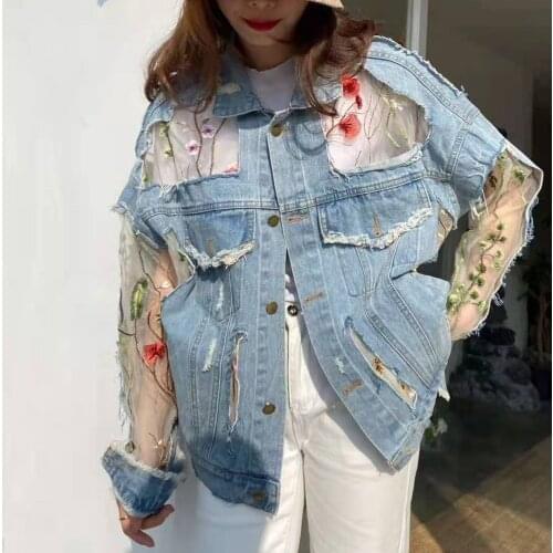 Streetwear Casual Flower Embroidery Lace Stitching Denim Jacket Women 2021 Summer Korean Loose Jeans Jacket Female Veste Femme