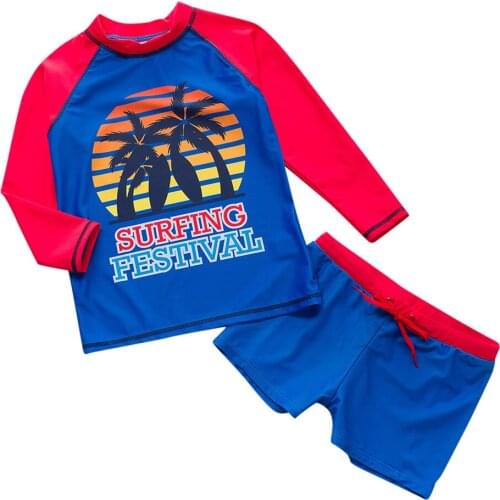 2020 Summer New Boy Long Sleeve Letter Coconut Print Split Swimsuit Swim Cartoon Tops Shorts Surfing Suit Set L1225