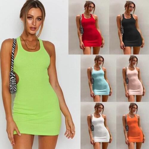 Sleeveless Backless Sexy Mini Dress Summer Plain White Black T Shirt Dresses For Women Casual Ribbed Bodycon Tank Dress 2021