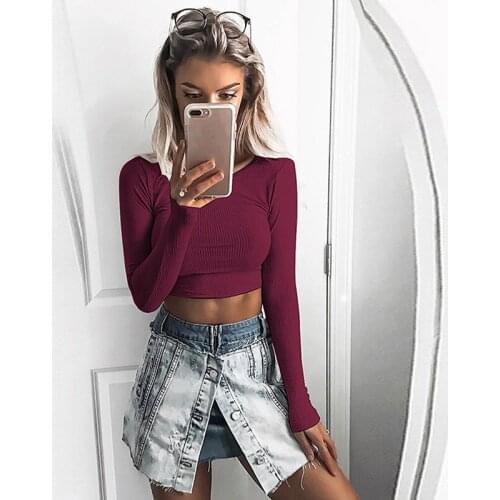 Fashion Women Long Sleeve O-Neck Tight Elastic T-Shirt Skinny Solid Casual Ladies Crop Tops Shirts New Autumn 2021